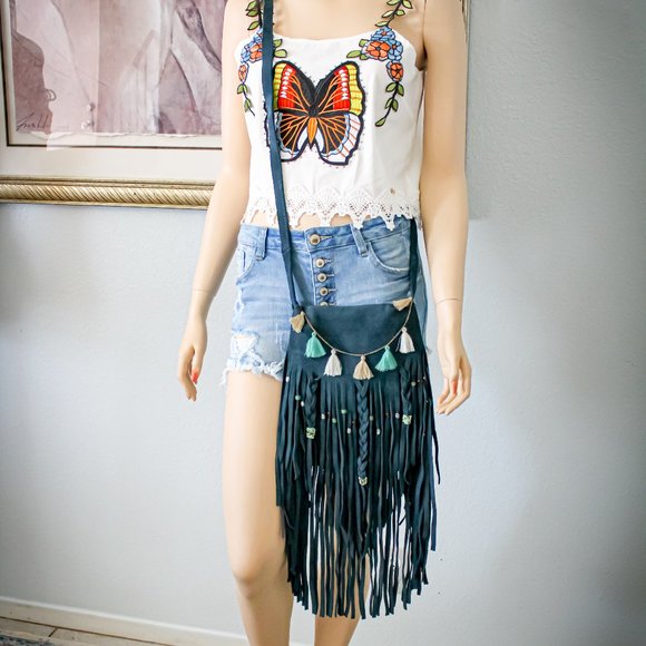 GENUINE SUEDE BOHEMIAN FRINGE BAG - Picture 1 of 4